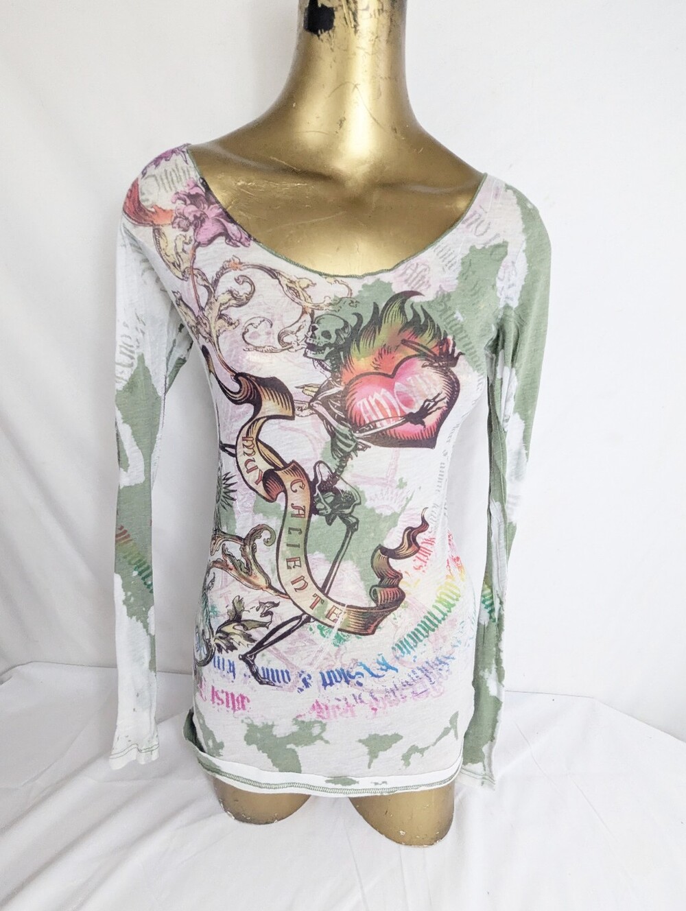 CDR Cider Y2K Heart Skull Tattoo Graphics Long Sleeve Blouse Medium